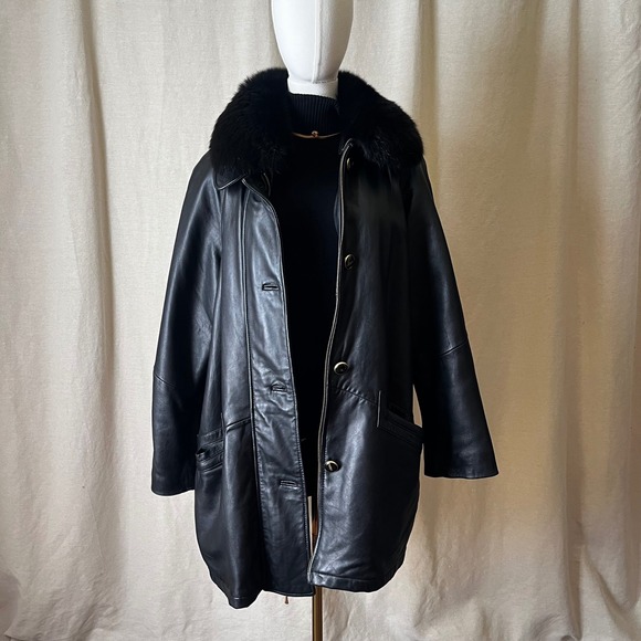 Vintage Black Leather Coat Removable Fox Fur Collar LNR Nordstrom Size‎ Large - Picture 11 of 11